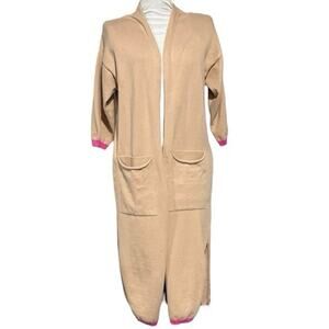 Vilagallo Long Line Cardigan Sweater Small Beige Pink Trim Duster Cotton Pockets